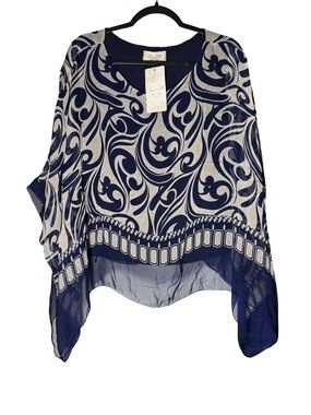 Pura Seta Italy Silk Blend Top Women’s One Size Flowy Navy Resort Coastal NEW